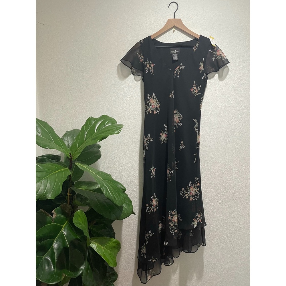 Asymmetrical Floral Black Dress